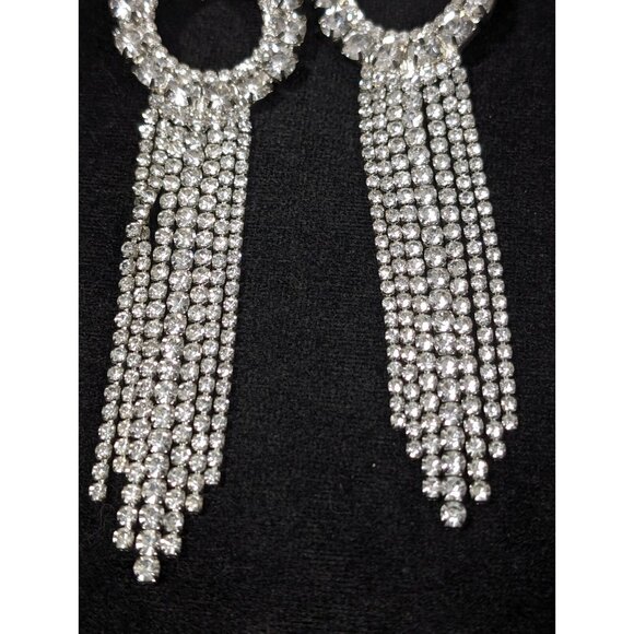 Retro Clear Rhinestone Large Circle Fringe Tassel  Long Statement Earrings Runwa - Picture 5 of 9